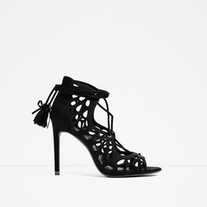 Zara Basic Collection | Black Suede Tasseled Lace Up Heeled Sandals